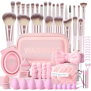 KUORYZAL Set de brochas de maquillaje rosa profesional de 66 piezas con estuche sintético premium para base, corrector, rubor, sombra de ojos, polvo, contorno, kit de brochas de maquillaje para el