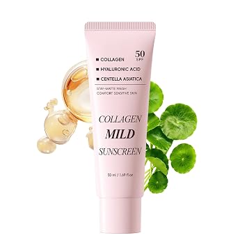 Protector solar de centella suave de colágeno SPF 50 para cara, protección de amplio espectro, protector solar facial hidratante con péptidos y cica, ligero, no graso, sin yeso blanco, brillo natural