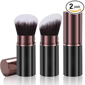 Keriloo Brocha de maquillaje retráctil Kabuki, paquete de 2 brochas de maquillaje para base de polvo de viaje, brochas de rubor facial para mezclar líquidos, rubor, bronceador, pulido, protector solar
