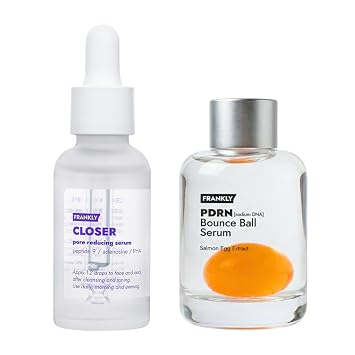 FRANKLY Korean Glow Serum Duo | Regalos para el cuidado de la piel para mujeres | Juego de brillo y elasticidad para la piel de vidrio | Minimizador de poros de péptidos + suero de ADN de salmón PDRN | Colágeno vegano, no pegajoso | 2 x 1.01 onzas líquidas