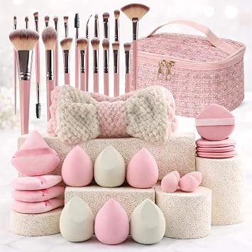 40PCS Pink Makeup Brush Sets & Kits with Large Travel Cosmetic Bag