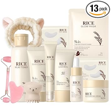 Juego de 13 piezas de cuidado de la piel coreano de arroz, juego coreano de cuidado de la piel, limpiador de arroz, tóner, suero, crema, máscara, gua sha y diadema, cuidado de la piel suave para niñas