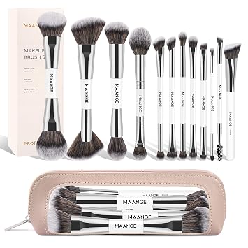 MAANGE Set de pinceles de maquillaje 23-en-1 de 12 piezas, pinceles de maquillaje esenciales para base, polvo, correctores, sombras de ojos, rubor, con estuche de maquillaje de viaje - Plata