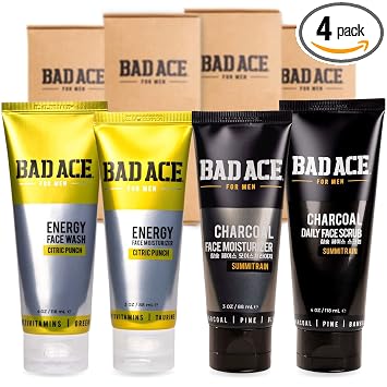 BAD ACE Paquete de cuidado de la piel | Juegos de carbón y energía para el cuidado de la piel | Cuidado coreano de la piel, cuidado facial para hombres | Kit de cuidado de la piel para hombres | Lavado facial, exfoliante facial e hidratante Set de 4