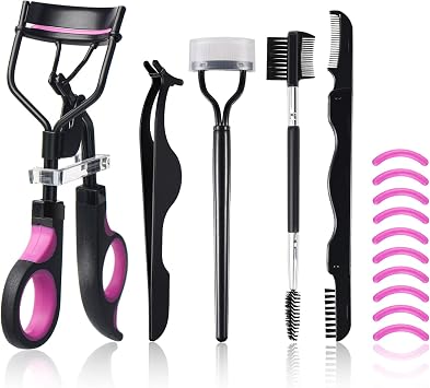 Kit de rizadores de pestañas para mujer con rizador de pestañas, separador de peine de pestañas, cepillos de rímel 3 en 1, pinzas de extensión de pestañas, cepillo plegable para cejas y peine, 10