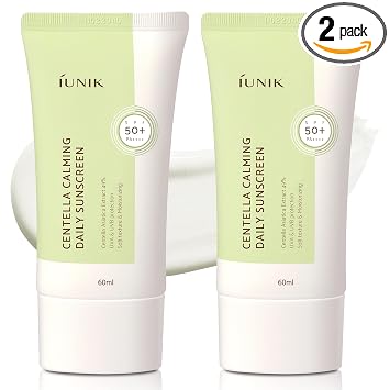 IUNIK Centella Calming Moisture Daily Sunscreen SPF 50+ PA +++ Mate & No White Cast Centella Asiatica Dry Graso Sensible Vegano Coreano Cuidado de la Piel – Paquete de 2