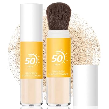 Polvo de ajuste de protector solar mineral SPF 50, polvo de protección solar para cara y cuero cabelludo, translúcido protector solar con cepillo, control de aceite acabado mate natural, polvo suelto, duradero, ligero y transpirable