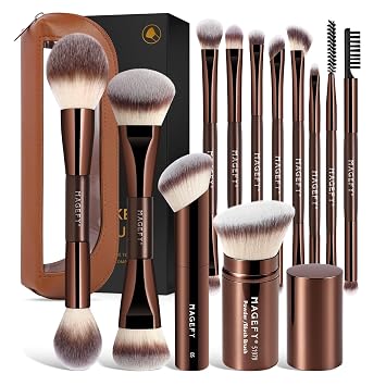 MAGEFY Brochas de maquillaje de doble extremo, 22 en 12 piezas, pinceles de maquillaje profesionales, juego de brochas de maquillaje multifuncionales para base, polvo, rubor