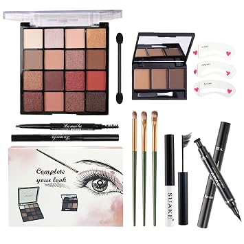 Kit de maquillaje todo en uno para niñas - Paleta de sombras de ojos desnuda de 16 colores, 3 piezas de brochas de maquillaje, lápiz delineador impermeable, polvo de cejas, lápiz de cejas, rímel
