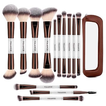 MAANGE Juego de 13 brochas de maquillaje de base con bolsa, brochas de maquillaje, brochas de maquillaje multifuncionales de doble extremo, juego de brochas profesionales para polvo líquido, corrector