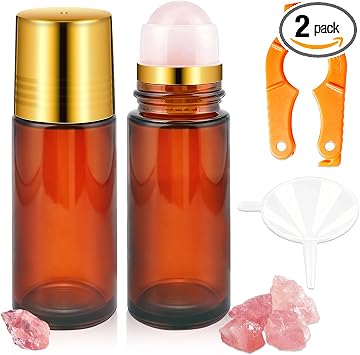 2 botellas de rodillo de cuarzo rosa, aplicador de bola de rodillo, rollo