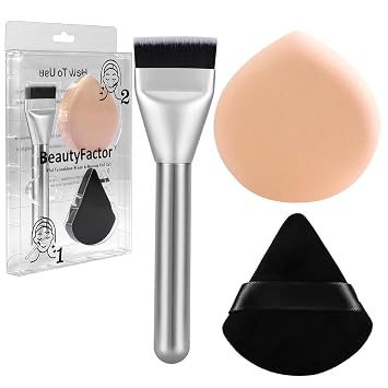 Juego de brochas de base plana y soplete de polvo, cepillo de maquillaje coreano, esponja de lágrima para base líquida, esponja de maquillaje facial prémium para mezclar crema y polvo