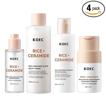Rice + Ceramide - Juego de cuidado de la piel coreano, rutina de piel de vidrio de 4 pasos con polvo limpiador, tónico lechoso, suero y leche facial