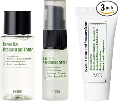PURITO Centella Unscented line Travel kit (Mini) / Toner 1.0 fl oz, suero 0.5 fl oz, crema 0.4 fl oz