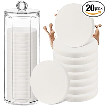 Dandat 20 esponjas redondas de maquillaje con recipiente acrílico, esponja cosmética compacta, almohadilla de espuma redonda, maquillaje facial de belleza, base de maquillaje para uso dual en húmedo y seco (blanco)