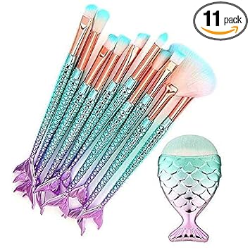 Funfunman - Brochas de maquillaje, 11 piezas, base de maquillaje, delineador de ojos para cejas, colorete, brochas correctoras cosméticas (sirena colorida)