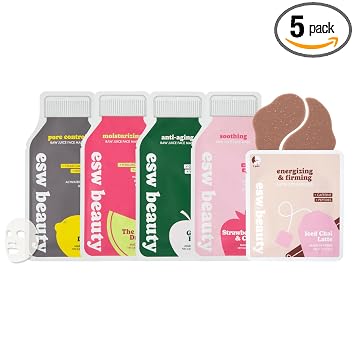 ESW Beauty Most Loved K Beauty - Juego de cuidado de la piel – Máscaras faciales coreanas y parches para debajo de los ojos – Parches de ojos con leche Chai helado – Fresas y crema, desintoxicación