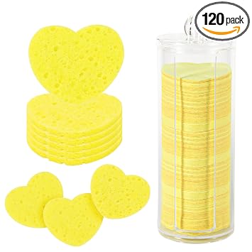 PEUTIER 120 esponjas faciales, esponjas faciales comprimidas con contenedor en forma de corazón, esponjas faciales para limpieza facial, eliminación de maquillaje, exfoliación (amarillo)