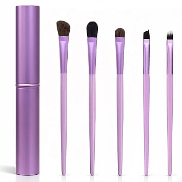 Juego de 5 brochas portátiles para sombra de ojos, pinceles de maquillaje de ojos morados premium con delineador de ojos y pincel en ángulo