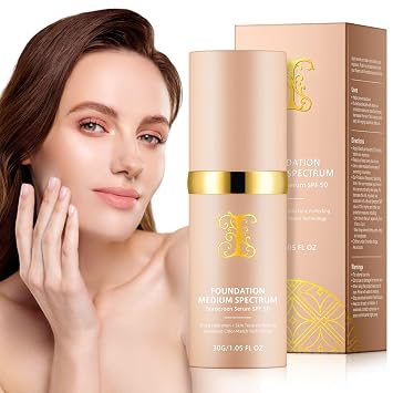 Base 4 en 1 – Espectro medio con SPF 50+, antienvejecimiento, corrector, protección solar, base de maquillaje líquida hidratante que cambia de color – Larga duración e impermeable para deportes, baile