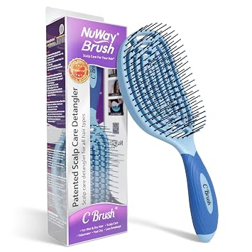 NuWay® C Brush® Cepillo patentado para el cuidado del cuero cabelludo, diseño ergonómico de curva para masaje suave del cuero cabelludo, peinado seco y cabello húmedo o seco (azul cielo)