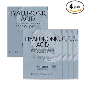 Karuna Mascarilla de hoja de restauración de humedad de ácido hialurónico, paquete de 4 – 15% ácido hialurónico, 5% niacinamida y ectoína – Hidratación profunda y relleno K-Beauty Mascarilla facial