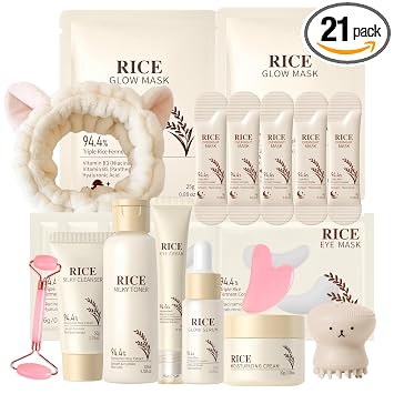 Juego de 21 piezas de cuidado de la piel de arroz para adolescentes y mujeres, juego coreano de cuidado de la piel, cuidado de la piel para adolescentes de 10 a 12 años, set hidratante coreano para el