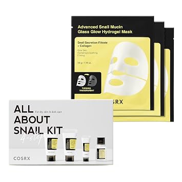 COSRX All About - Juego de caracol + máscara de hidrogel 3EA, kit de artículos esenciales de viaje, juego de cuidado de la piel de mucina de caracol y máscara facial de hidrogel de colágeno con brillo