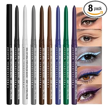 8 lápices de ojos y sombra de ojos retráctiles cremosos para mujer, negro, blanco, marrón, azul, morado, verde, gris, ultra pigmentado, impermeable, acabado satinado mate, vegano, libre de crueldad animal