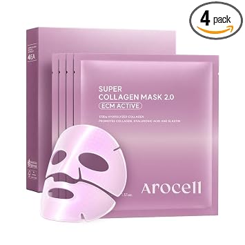 AROCELL Super Collagen 2.0 ECM Active Overnight Collagen Mask with 173Da Collagen, PDRN & NAD | Reafirmante, levantamiento, relleno y elasticidad | Cuidado de la piel de vidrio coreano | 1.52 oz x 4