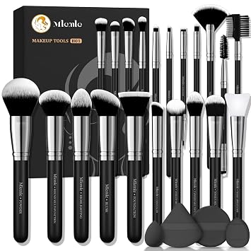 Juego de Brochas de Maquillaje, Mlemle Profesional 25 Piezas Kit de Maquillaje, Incluye Base Polvo Rubor Correctores Sombras de Ojos 21 Piezas Brochas de Maquillaje y 2 Borlas de Polvo, 2 Esponjas de