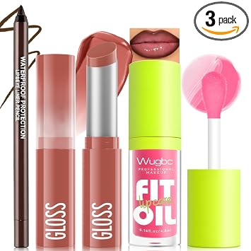 Juego de 3 piezas de labios, kit de labios de alto brillo con delineador de labios marrón mate y lápiz labial nutritivo rosa nude y brillo labial brillante, juego de trío de contornos de labios