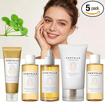 Centella - Juego de cuidado de la piel para mujeres y adolescentes con tóner, ampolla, crema calmante, aceite limpiador, ampolla de espuma, mini kit de prueba de cuidado de la piel básico de viaje, caja de regalo, juego de cuidado de la piel coreano para l