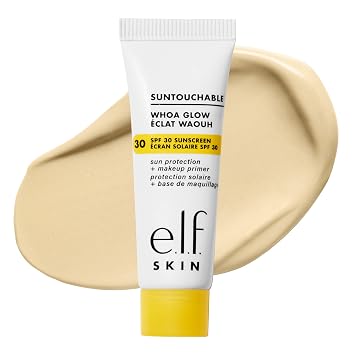 e.l.f. SKIN Suntouchable Whoa Glow SPF 30 Mini, protector solar y base de maquillaje para un acabado brillante, fabricado con ácido hialurónico, vegano y libre de crueldad, rayo de sol