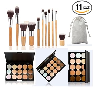 Pure Vie Paleta de contorno de crema hidratante y de larga duración de 15 colores, corrector de color, correctores de crema para camuflar la decoloración y la opacidad + 11 brochas de maquillaje para