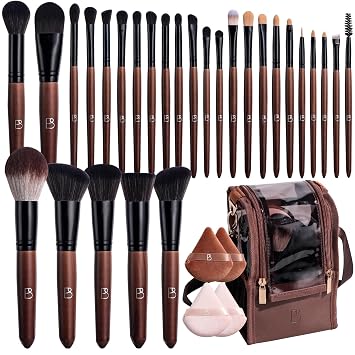 BS-MALL Juego de 28 brochas de maquillaje profesional con bolsa de maquillaje de viaje, cepillo corrector, brocha para base, brocha para rubor, 4 esponjas triangulares y esponjas de maquillaje para