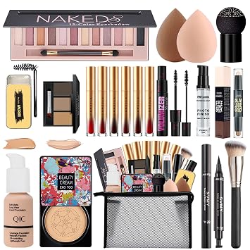 Kit completo de maquillaje todo en uno para mujeres, juego de regalo de maquillaje de viaje para mujeres, adolescentes y niñas, incluye sombra de ojos, CC, base, lápiz labial, rímel, cepillo, esponja, polvo de cejas y jabón, delineador de ojos, imprimación