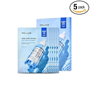 WELLAGE Mascarilla facial de ampolla azul hialurónica real, 5 hojas