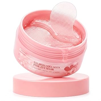 Mascarillas de colágeno de salmón para debajo de los ojos, 60 almohadillas de gel de hidrogel rosa para ojos hinchados y ojeras, cuidado de la piel K-Beauty de hidratación profunda para líneas