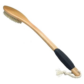 OWIIZI Cepillo de baño de madera con mango largo curvo antideslizante para exfoliar, cepillo de cerdas naturales para uso en la espalda, húmedo o seco