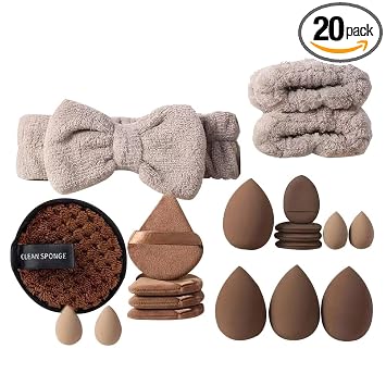 Juego de 20 esponjas de maquillaje, kit de esponjas de licuadora multicolor de belleza con banda para la cabeza, soplos de polvo, esponja limpia y muñequeras, esponjas de belleza de tamaño mediano para contornear, ojos y esquinas (marrón)