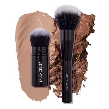 LAURA GELLER Better Together - Juego de brochas de maquillaje de dos piezas para polvos y base, brocha redonda retráctil para aerógrafo Kabuki y cepillo de maquillaje en polvo de cara completa