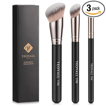 TEOYALL Juego de brochas para base, contorno y corrector, 3 piezas, brocha kabuki sintética en ángulo para mezclar, fijar y pulir con cosméticos líquidos, en crema y en polvo (170S/270S/370S)