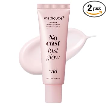 medicube Protector solar No Cast Just Glow Colágeno | Protector solar facial de amplio espectro SPF 50 | Fórmula ligera, no pegajosa, hidratante | Péptido, cica para calmar y brillar | Cuidado de la