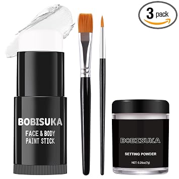 BOBISUKA Barra de Pintura Facial Blanca + Polvo Fijador + Juego de 2 Pinceles, Maquillaje de Payaso Pintura Corporal Barras Negras para Ojos para Deportes, Kit de Pintura Blanca para Halloween