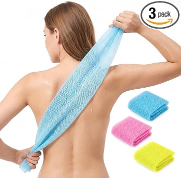 Paquete de 3 toallas exfoliantes corporales, estilo japonés y coreano, 35 x 12 pulgadas, malla de nailon para una piel suave (rosa, azul cielo, amarillo)