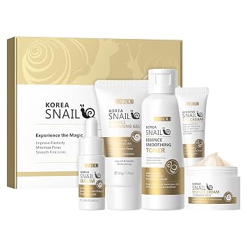 LAIKOU Cuidado de la piel coreano, set de cuidado de la piel, kit de cuidado de la piel caracol y ginseng con gel limpiador, tónico, crema de ojos, suero, crema de esencia, 5 piezas para mujeres