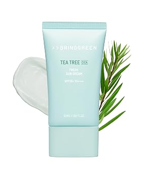 BRING GREEN Tea Tree CICA Mineral Sunscreen SPF 50+ PA ++++ | Loción solar facial no nano óxido de zinc, protector solar coreano seguro para arrecifes para pieles sensibles, sin aceite, 1.69 onzas líquidas