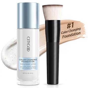 Base de maquillaje que cambia de color para pieles maduras: cobertura ligera a media autoajustable – 12 horas de desgaste hidratante – Acabado húmedo de enfoque suave con cepillo de base 1 onza