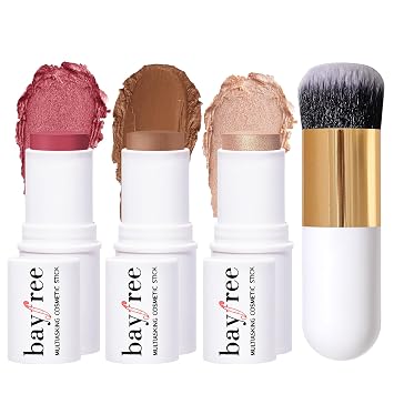 KIMUSE Trío de palitos faciales, barra de rubor crema e iluminador y barra de contorno para esculpir las mejillas, trío de contorno de crema de larga duración para maquillaje facial, con cepillo